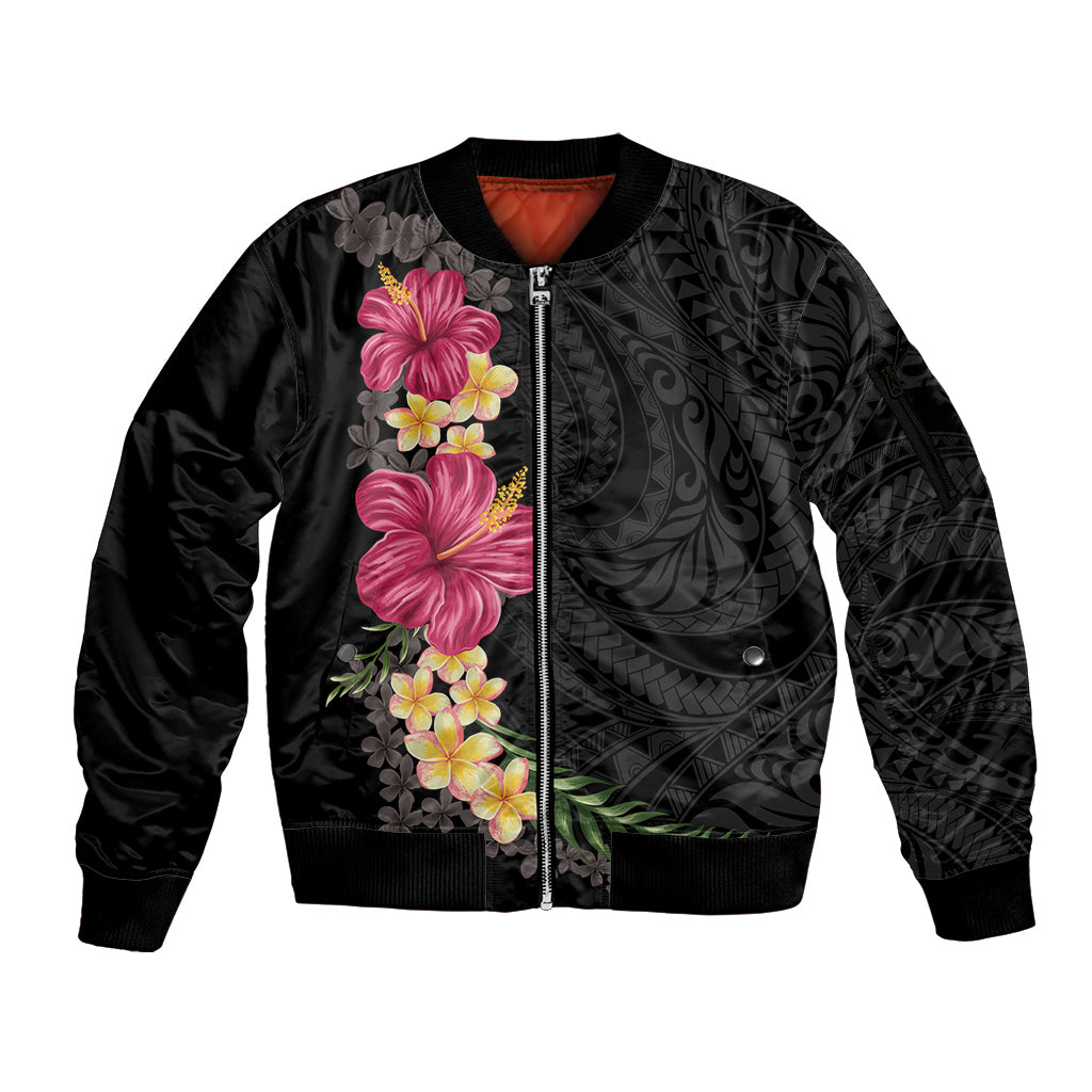 Hawaiian Plumeria and Hibiscus Sleeve Zip Bomber Jacket Colorful Style
