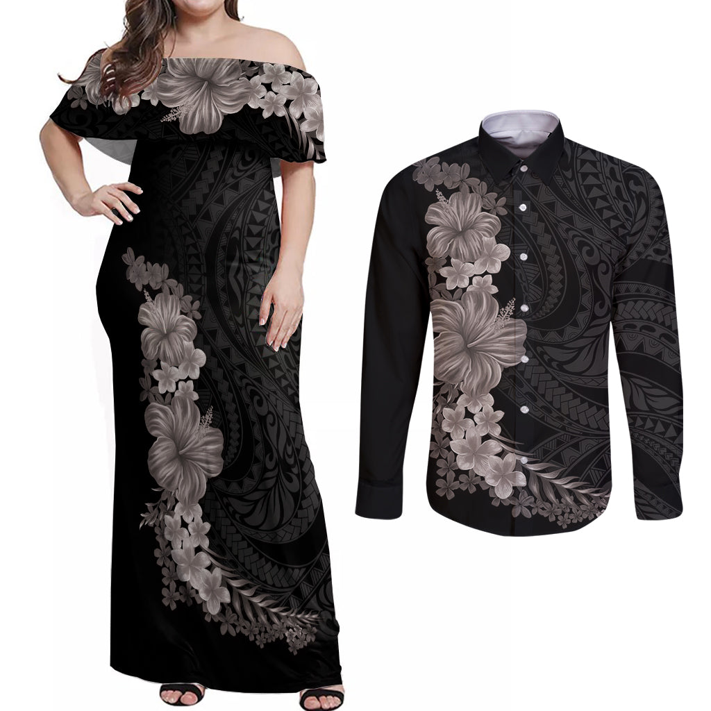 Hawaiian Plumeria and Hibiscus Couples Matching Off Shoulder Maxi Dress and Long Sleeve Button Shirt Grayscale Mode