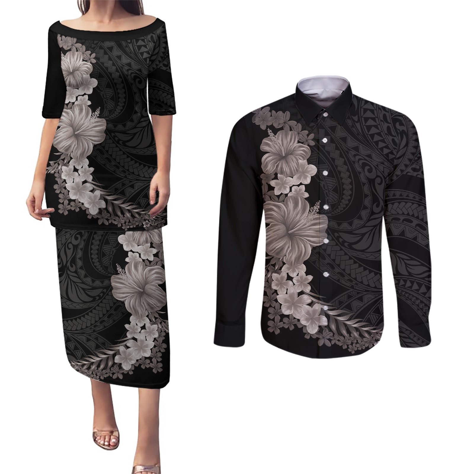 Hawaiian Plumeria and Hibiscus Couples Matching Puletasi and Long Sleeve Button Shirt Grayscale Mode
