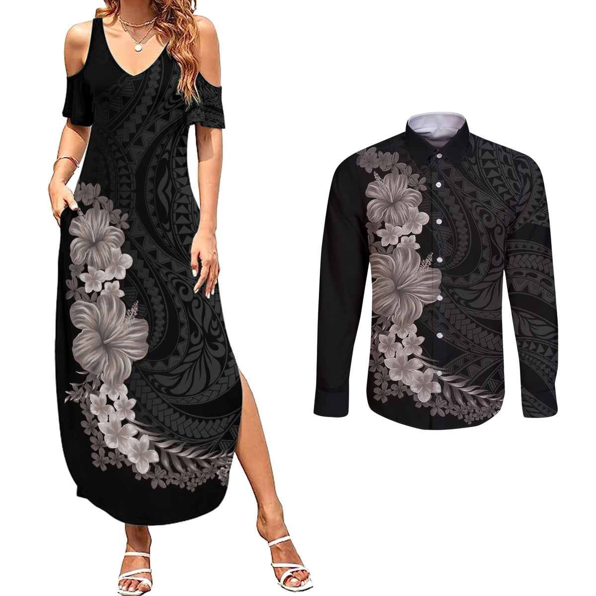Hawaiian Plumeria and Hibiscus Couples Matching Summer Maxi Dress and Long Sleeve Button Shirt Grayscale Mode