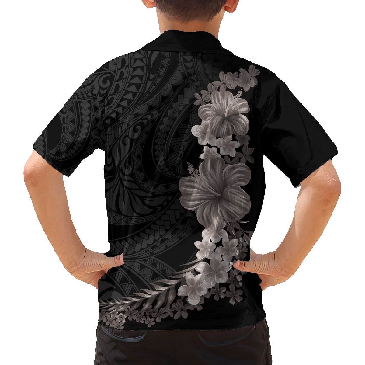 Hawaiian Plumeria and Hibiscus Family Matching Off Shoulder Maxi Dress and Hawaiian Shirt Grayscale Mode