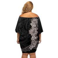 Hawaiian Plumeria and Hibiscus Family Matching Off Shoulder Short Dress and Hawaiian Shirt Grayscale Mode