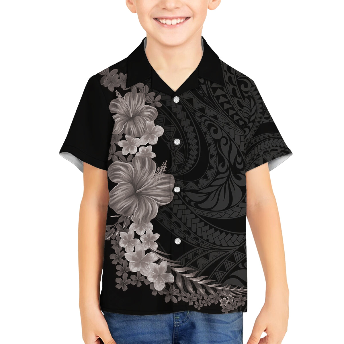 Hawaiian Plumeria and Hibiscus Family Matching Off Shoulder Short Dress and Hawaiian Shirt Grayscale Mode