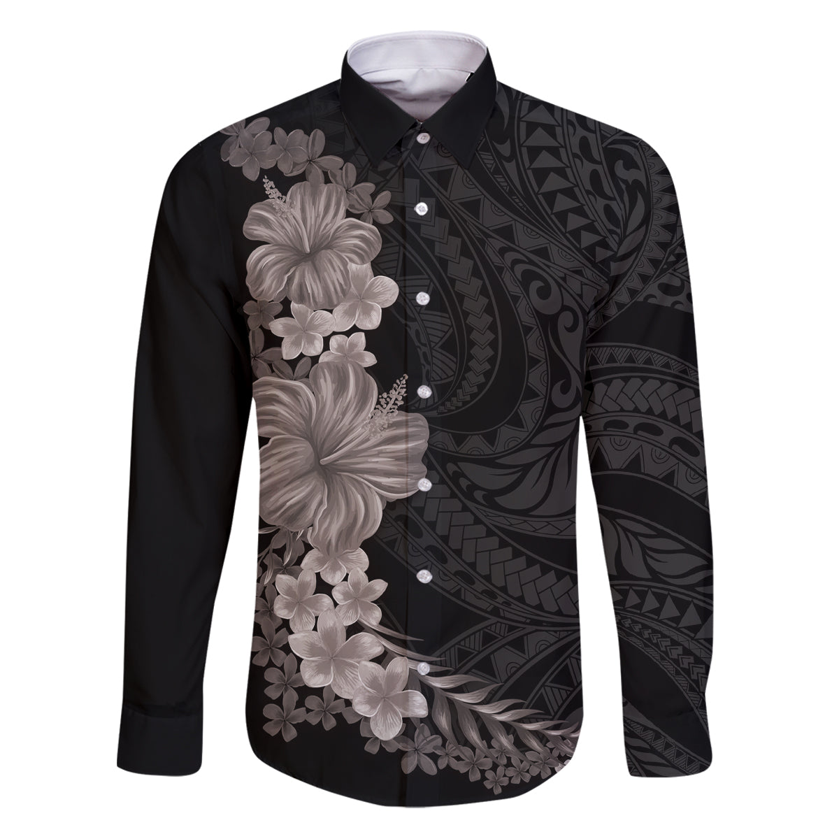 Hawaiian Plumeria and Hibiscus Family Matching Puletasi and Hawaiian Shirt Grayscale Mode