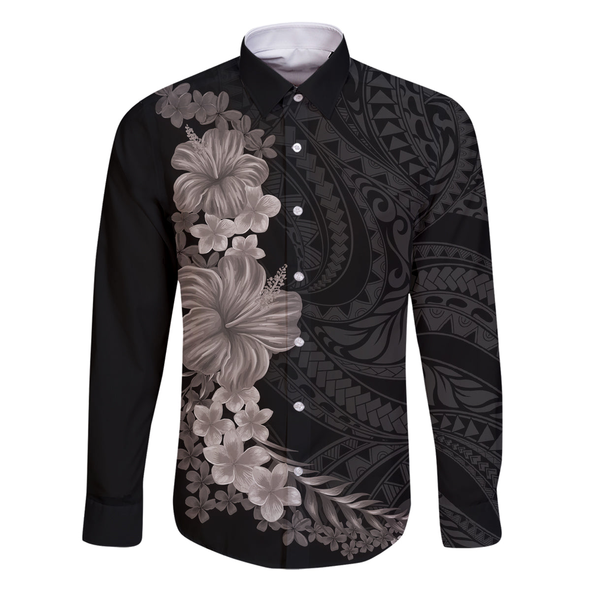 Hawaiian Plumeria and Hibiscus Family Matching Tank Maxi Dress and Hawaiian Shirt Grayscale Mode