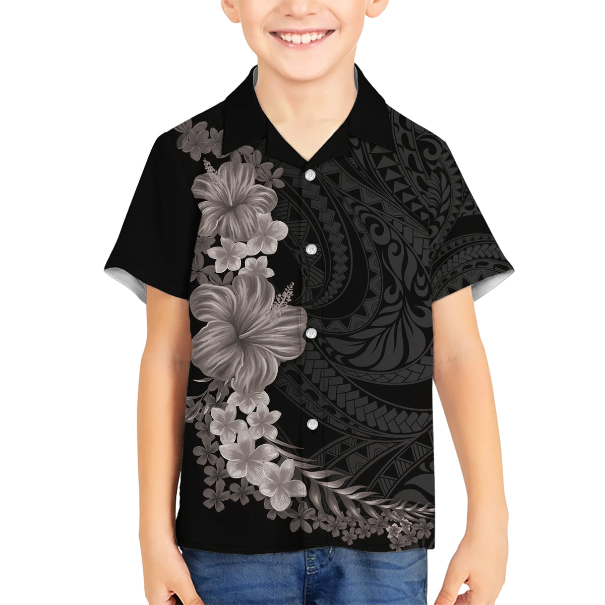 Hawaiian Plumeria and Hibiscus Kid Hawaiian Shirt Grayscale Mode LT03 Kid Black - Polynesian Pride