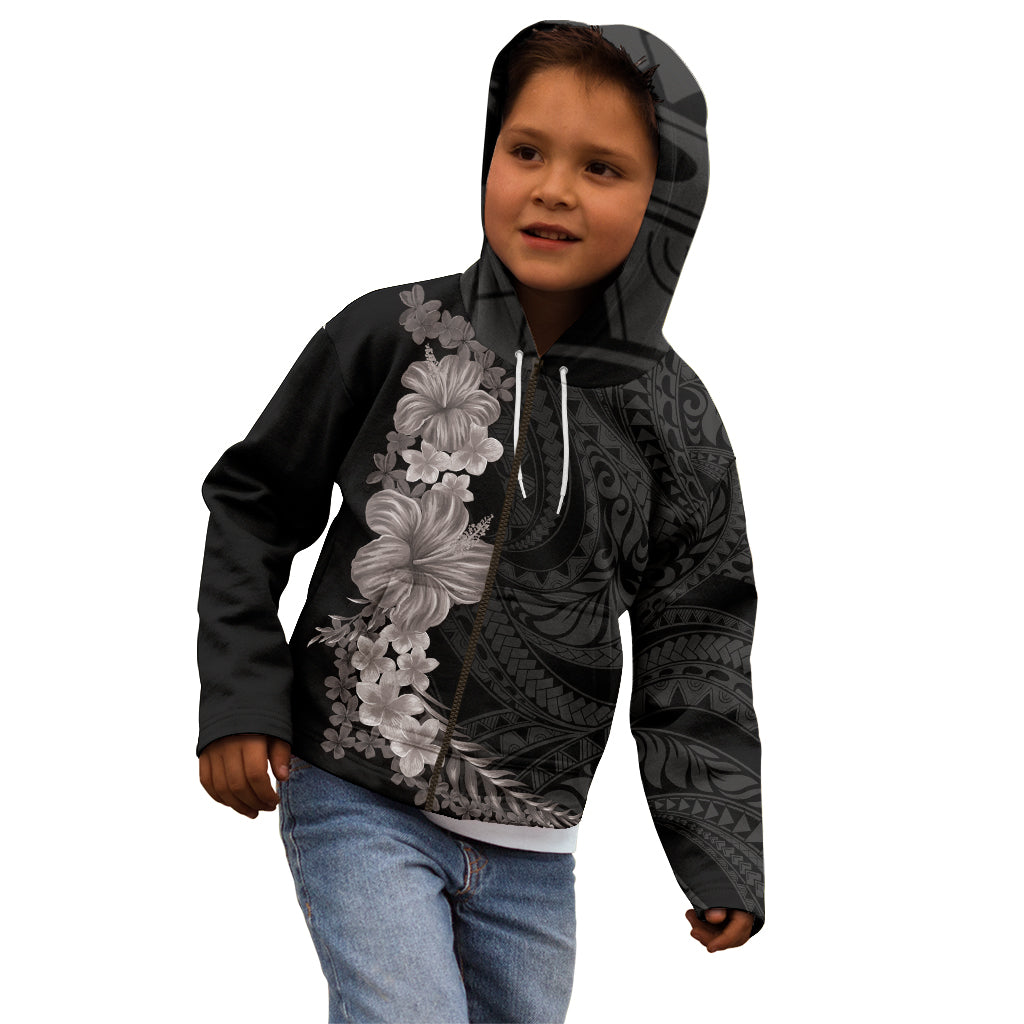 Hawaiian Plumeria and Hibiscus Kid Hoodie Grayscale Mode