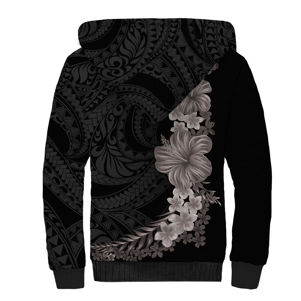 Hawaiian Plumeria and Hibiscus Sherpa Hoodie Grayscale Mode