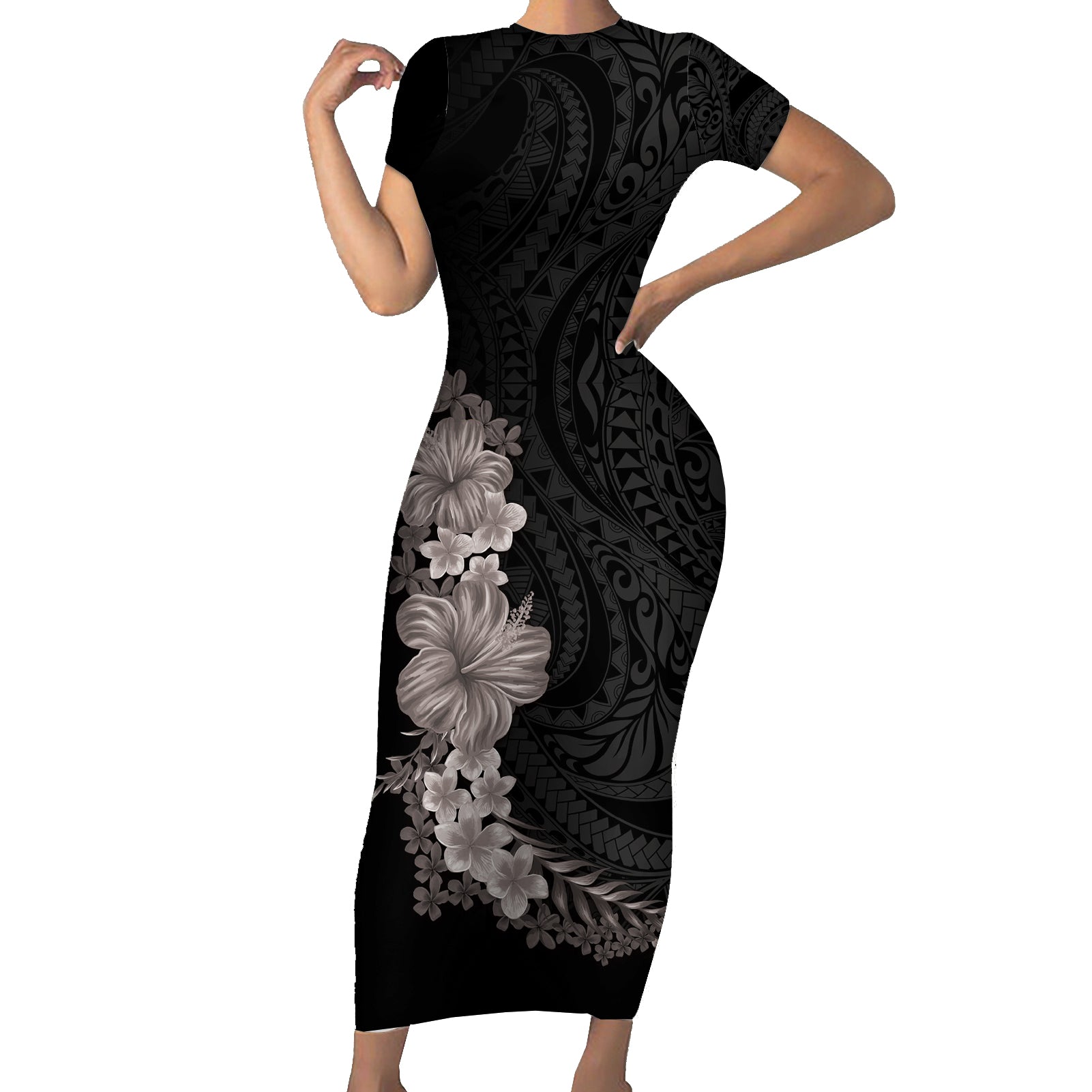 Hawaiian Plumeria and Hibiscus Short Sleeve Bodycon Dress Grayscale Mode