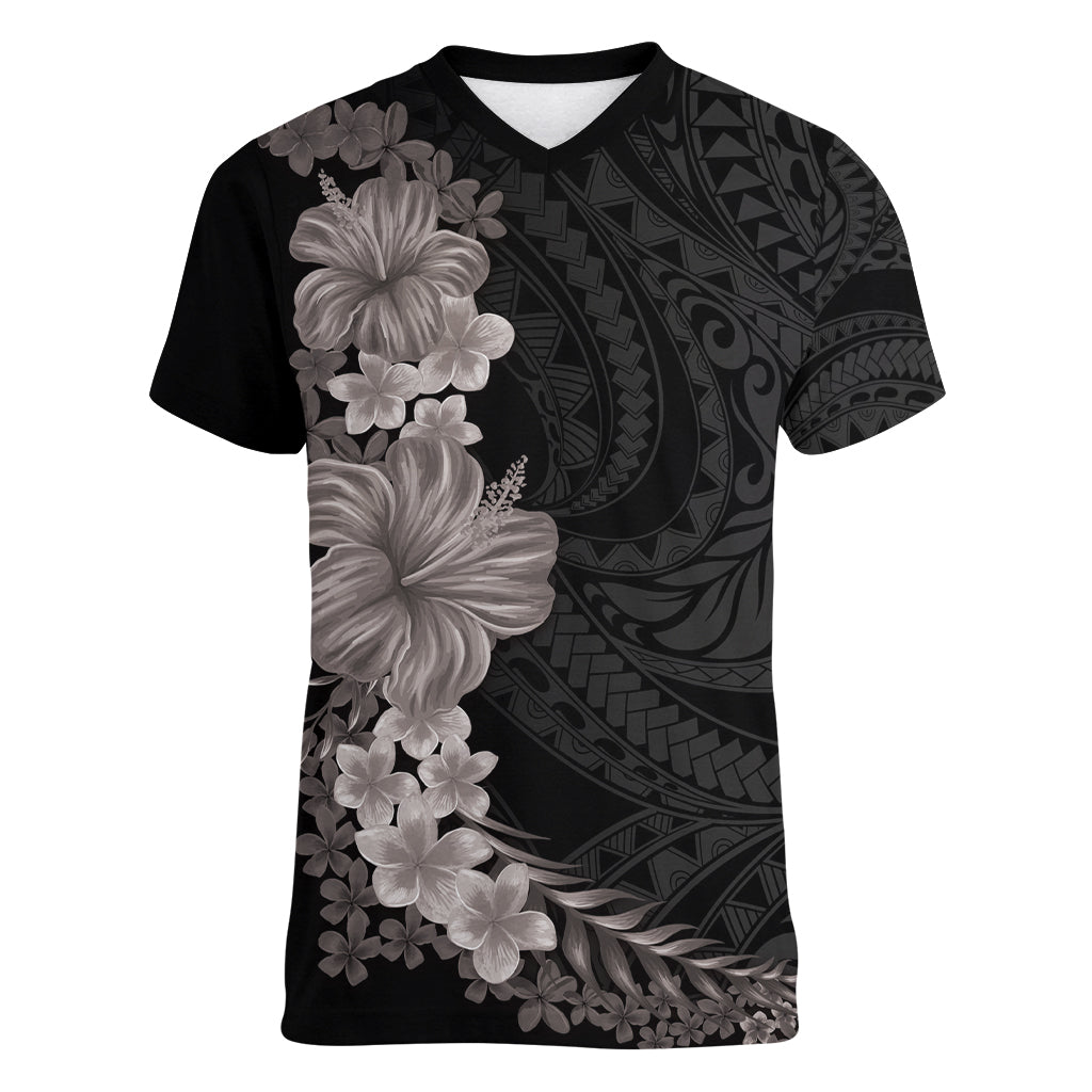 Hawaiian Plumeria and Hibiscus Women V-Neck T-Shirt Grayscale Mode