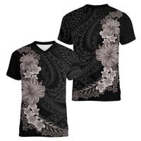 Hawaiian Plumeria and Hibiscus Women V-Neck T-Shirt Grayscale Mode
