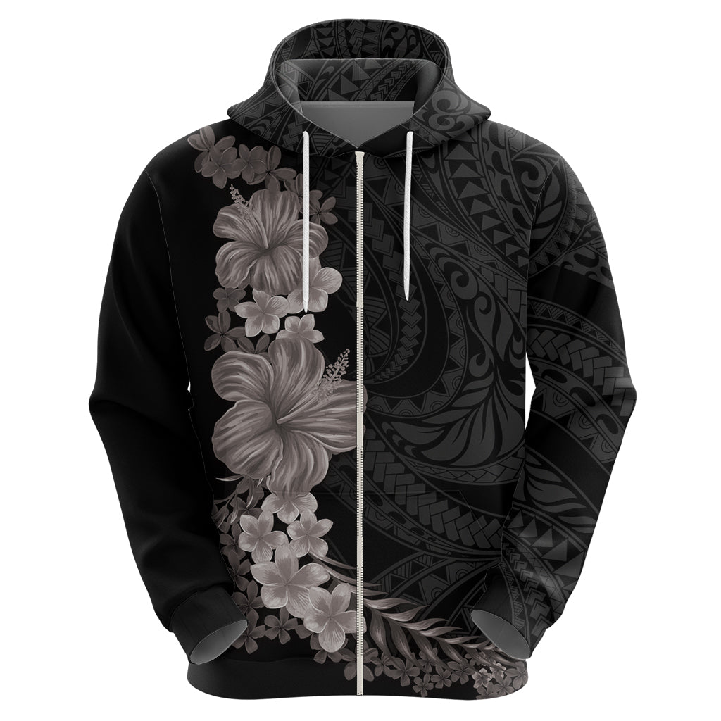 Hawaiian Plumeria and Hibiscus Zip Hoodie Grayscale Mode