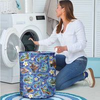 Hawaiian Island Shapes-Iconic Landscape Laundry Basket with Plumeria and Palaka Blue Color