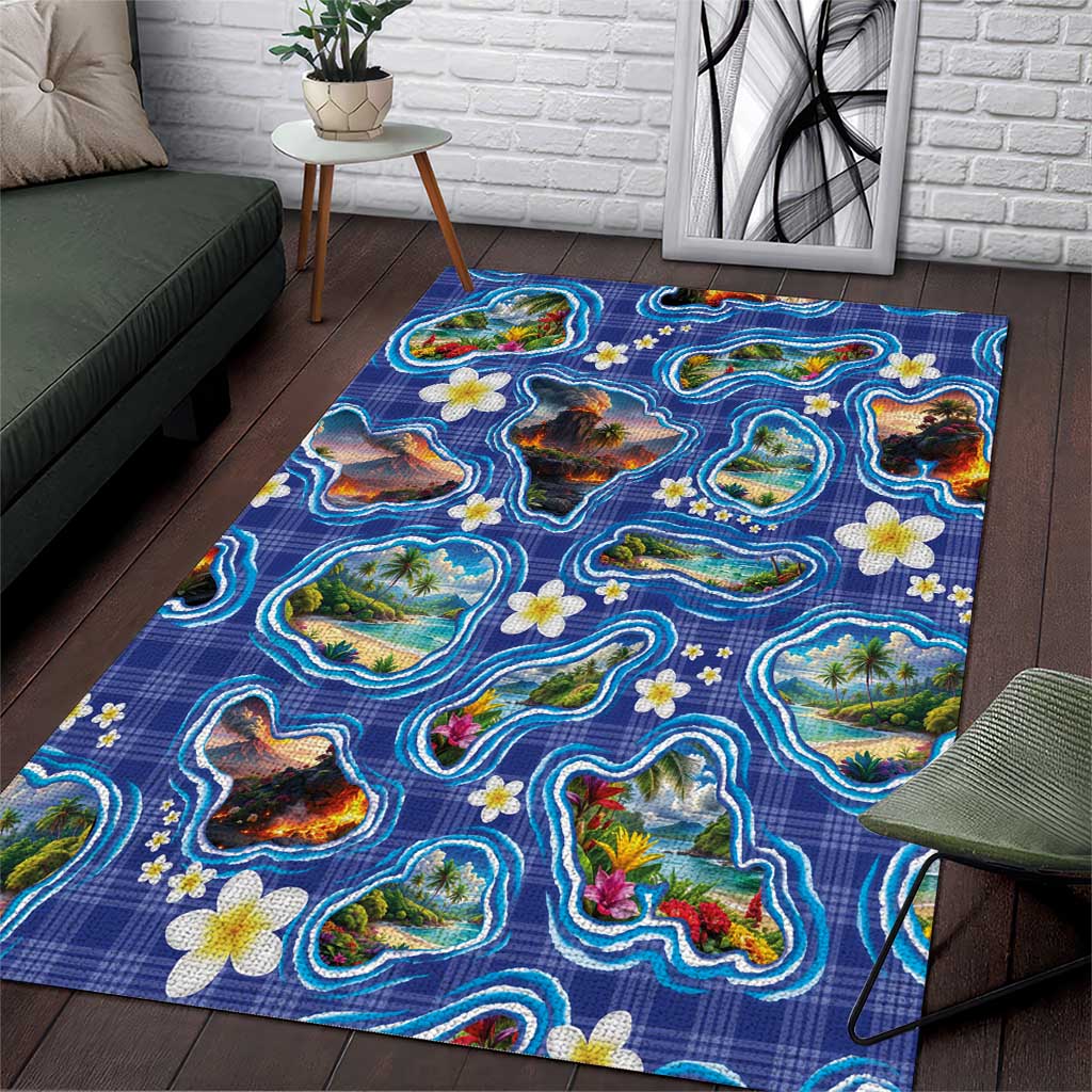 Hawaiian Island Shapes-Iconic Landscape Area Rug with Plumeria and Palaka Blue Color LT03 Blue - Polynesian Pride