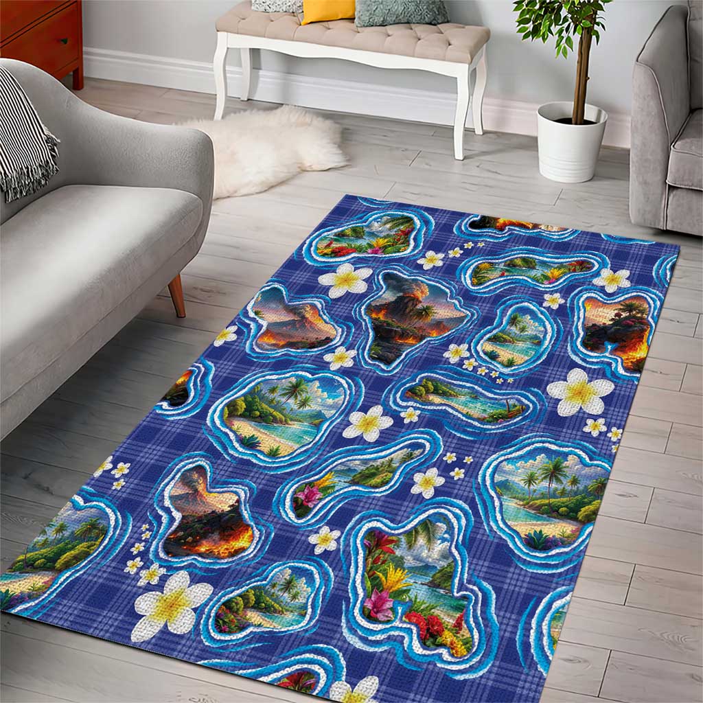 Hawaiian Island Shapes-Iconic Landscape Area Rug with Plumeria and Palaka Blue Color LT03 - Polynesian Pride