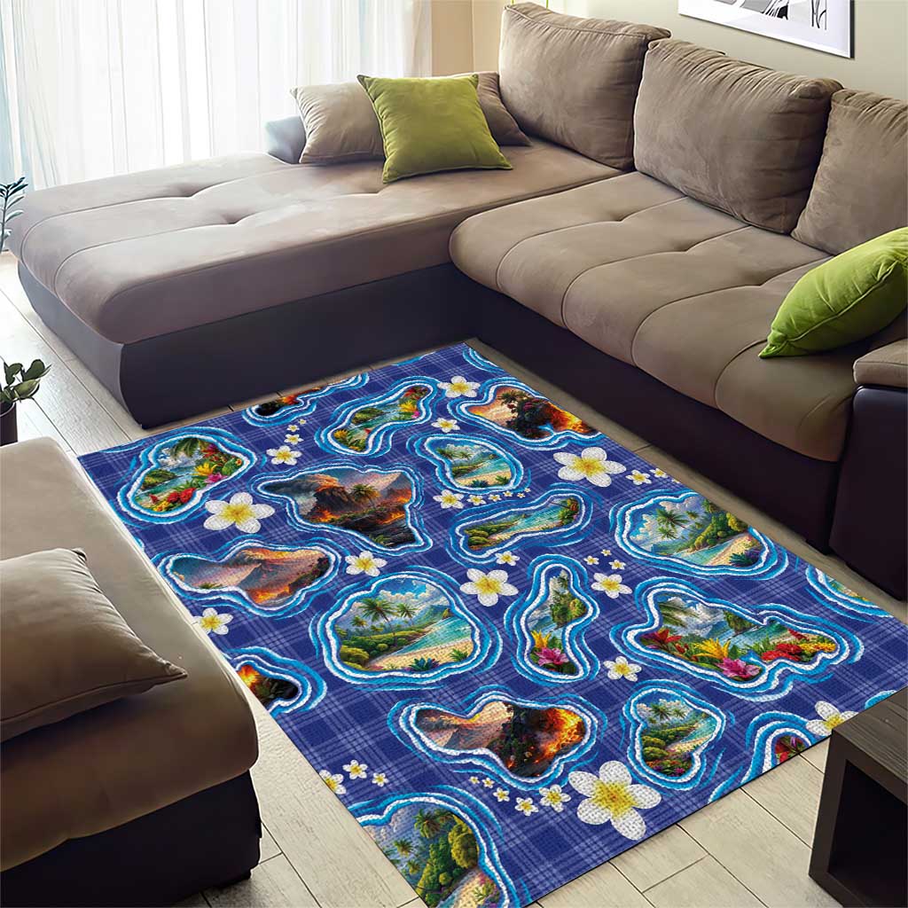 Hawaiian Island Shapes-Iconic Landscape Area Rug with Plumeria and Palaka Blue Color LT03 - Polynesian Pride