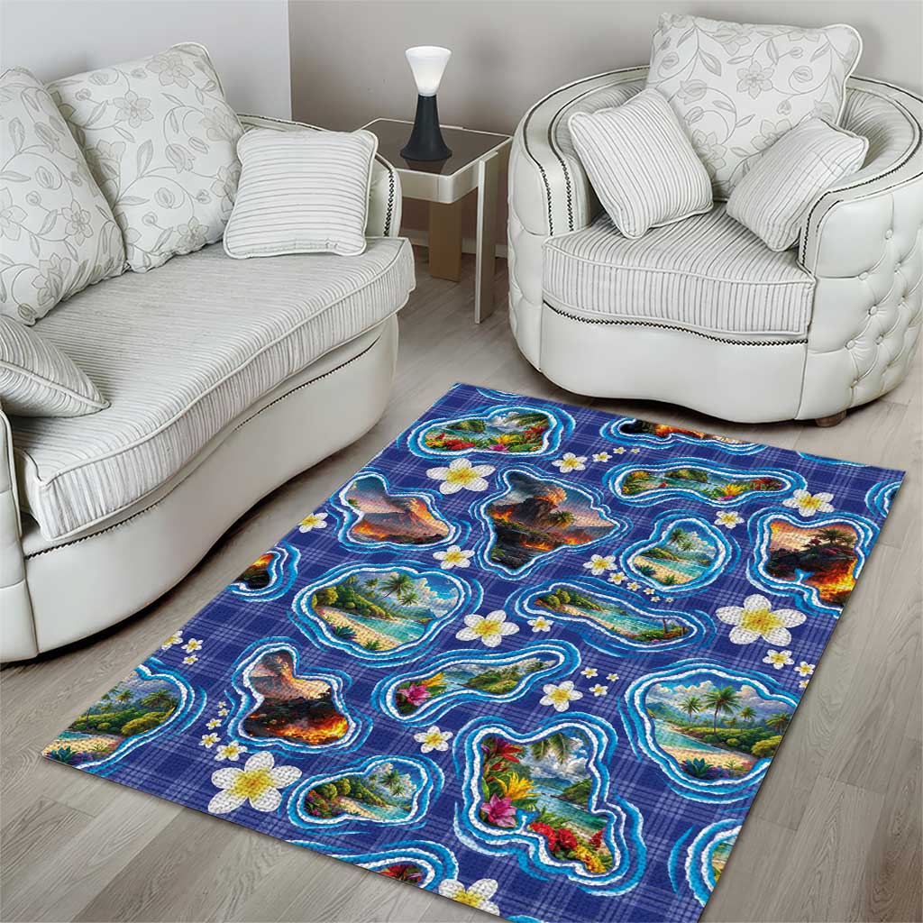 Hawaiian Island Shapes-Iconic Landscape Area Rug with Plumeria and Palaka Blue Color LT03 - Polynesian Pride