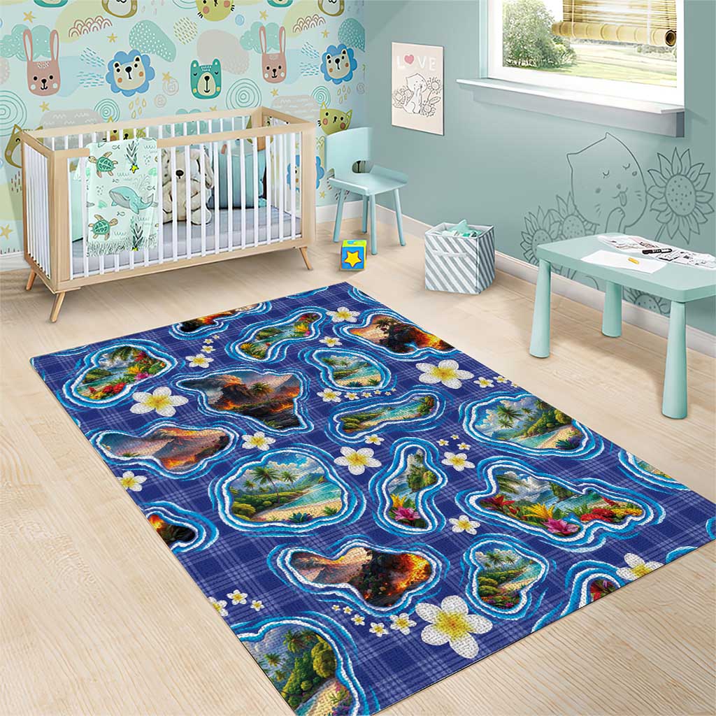 Hawaiian Island Shapes-Iconic Landscape Area Rug with Plumeria and Palaka Blue Color LT03 - Polynesian Pride