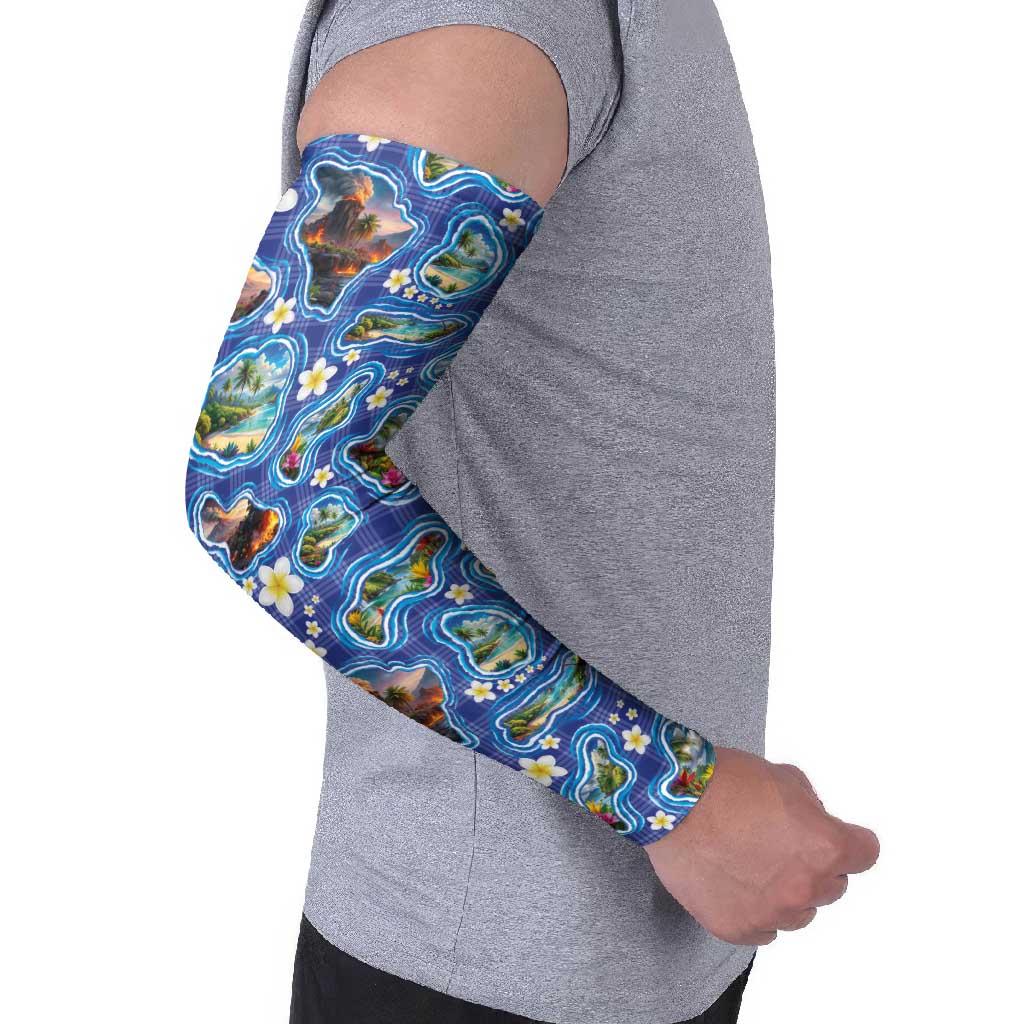 Hawaiian Island Shapes-Iconic Landscape Arm Sleeves with Plumeria and Palaka Blue Color