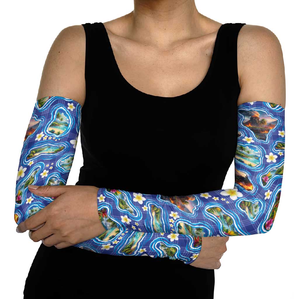 Hawaiian Island Shapes-Iconic Landscape Arm Sleeves with Plumeria and Palaka Blue Color