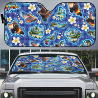 Hawaiian Island Shapes-Iconic Landscape Auto Sun Shade with Plumeria and Palaka Blue Color