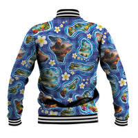 Hawaiian Island Shapes-Iconic Landscape Baseball Jacket with Plumeria and Palaka Blue Color