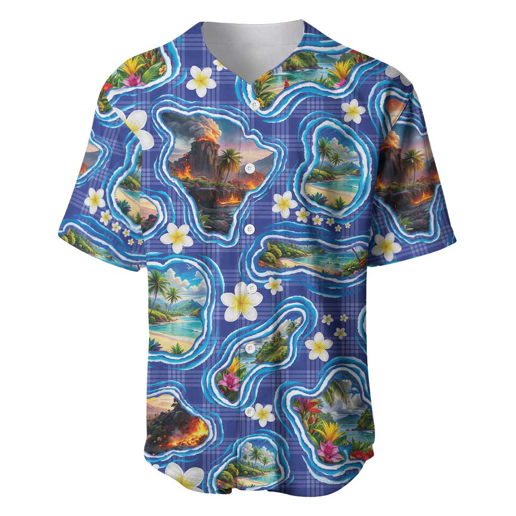 Hawaiian Island Shapes-Iconic Landscape Baseball Jersey with Plumeria and Palaka Blue Color