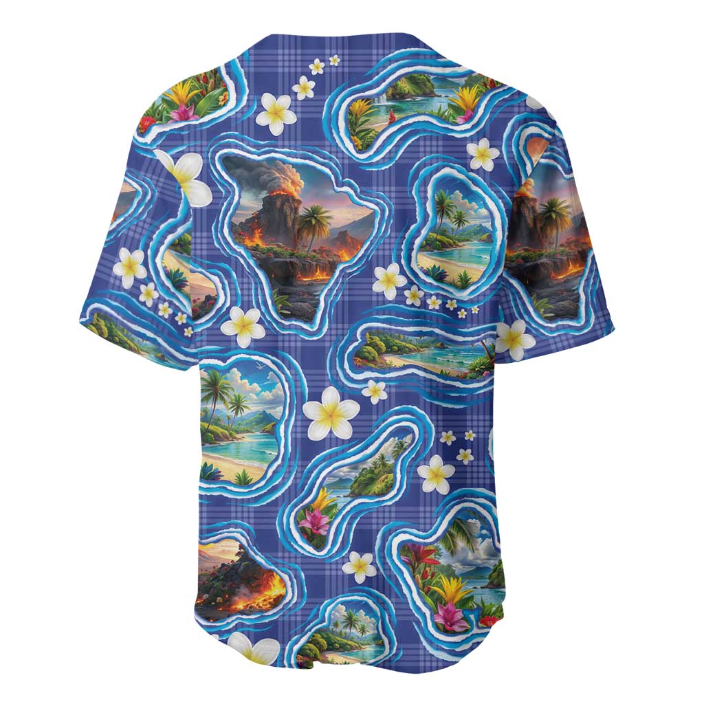 Hawaiian Island Shapes-Iconic Landscape Baseball Jersey with Plumeria and Palaka Blue Color