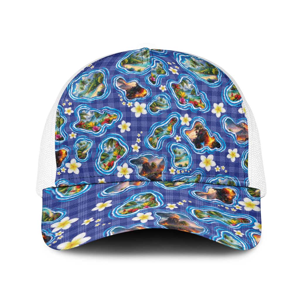 Hawaiian Island Shapes-Iconic Landscape Baseball Net Cap with Plumeria and Palaka Blue Color