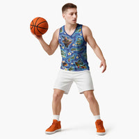 Hawaiian Island Shapes-Iconic Landscape Basketball Jersey with Plumeria and Palaka Blue Color