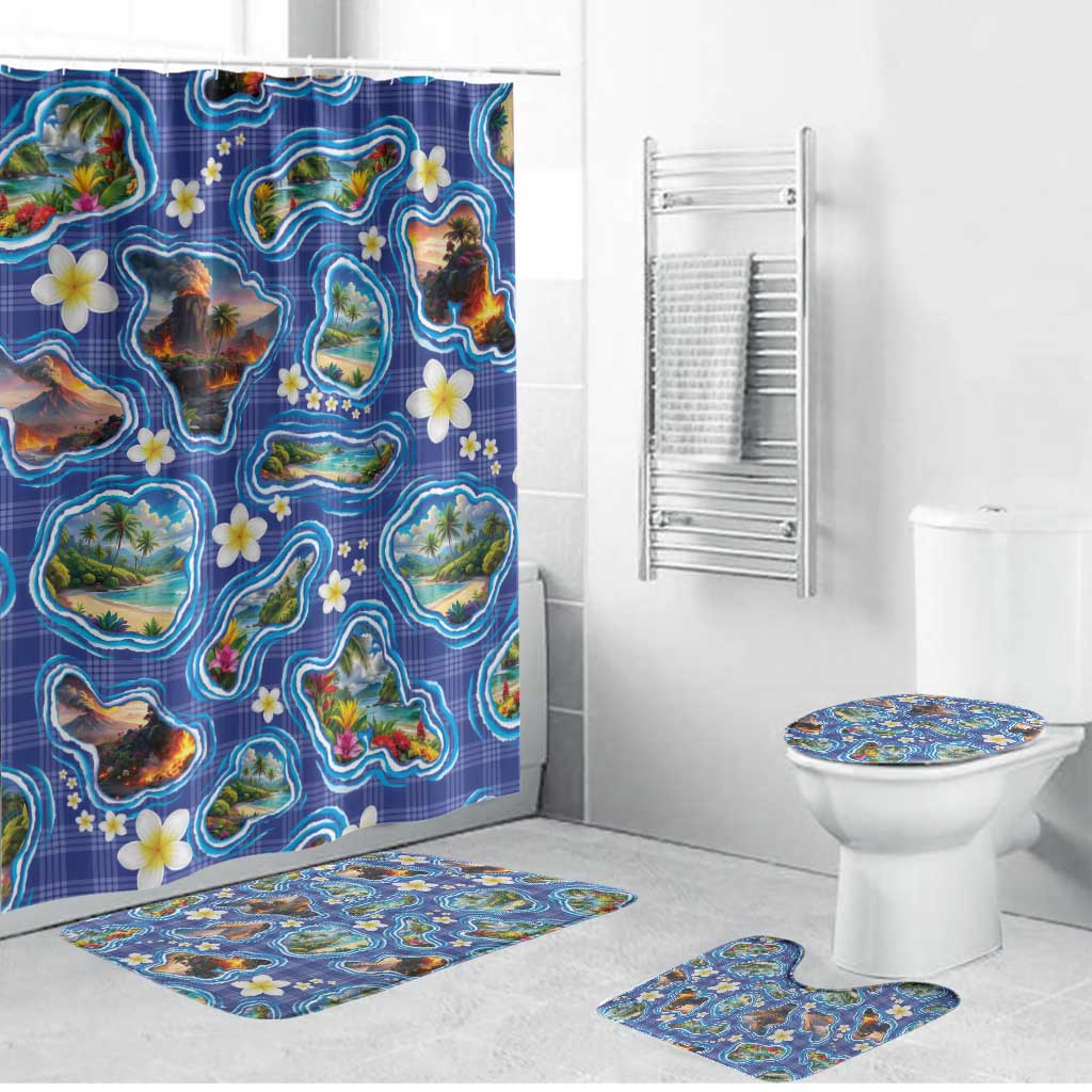Hawaiian Island Shapes-Iconic Landscape Bathroom Set with Plumeria and Palaka Blue Color LT03 Bathroom Set (4 pcs) Blue - Polynesian Pride