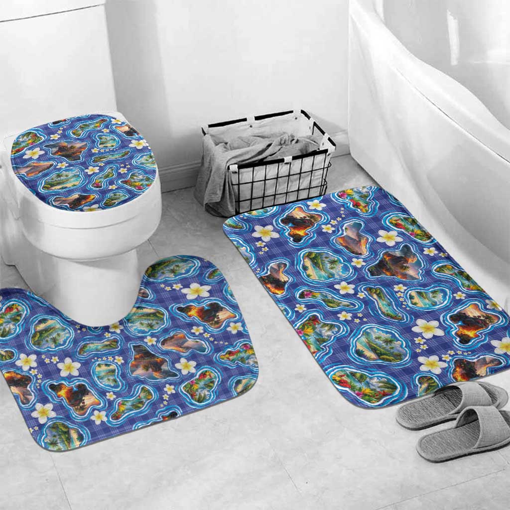 Hawaiian Island Shapes-Iconic Landscape Bathroom Set with Plumeria and Palaka Blue Color LT03 Mat Set Only (3 pcs) One Size Blue - Polynesian Pride