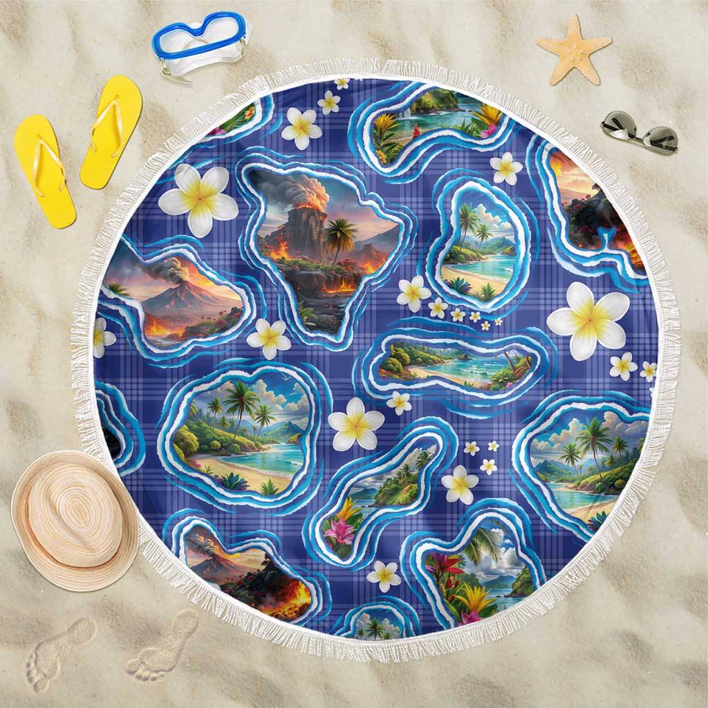 Hawaiian Island Shapes-Iconic Landscape Beach Blanket with Plumeria and Palaka Blue Color