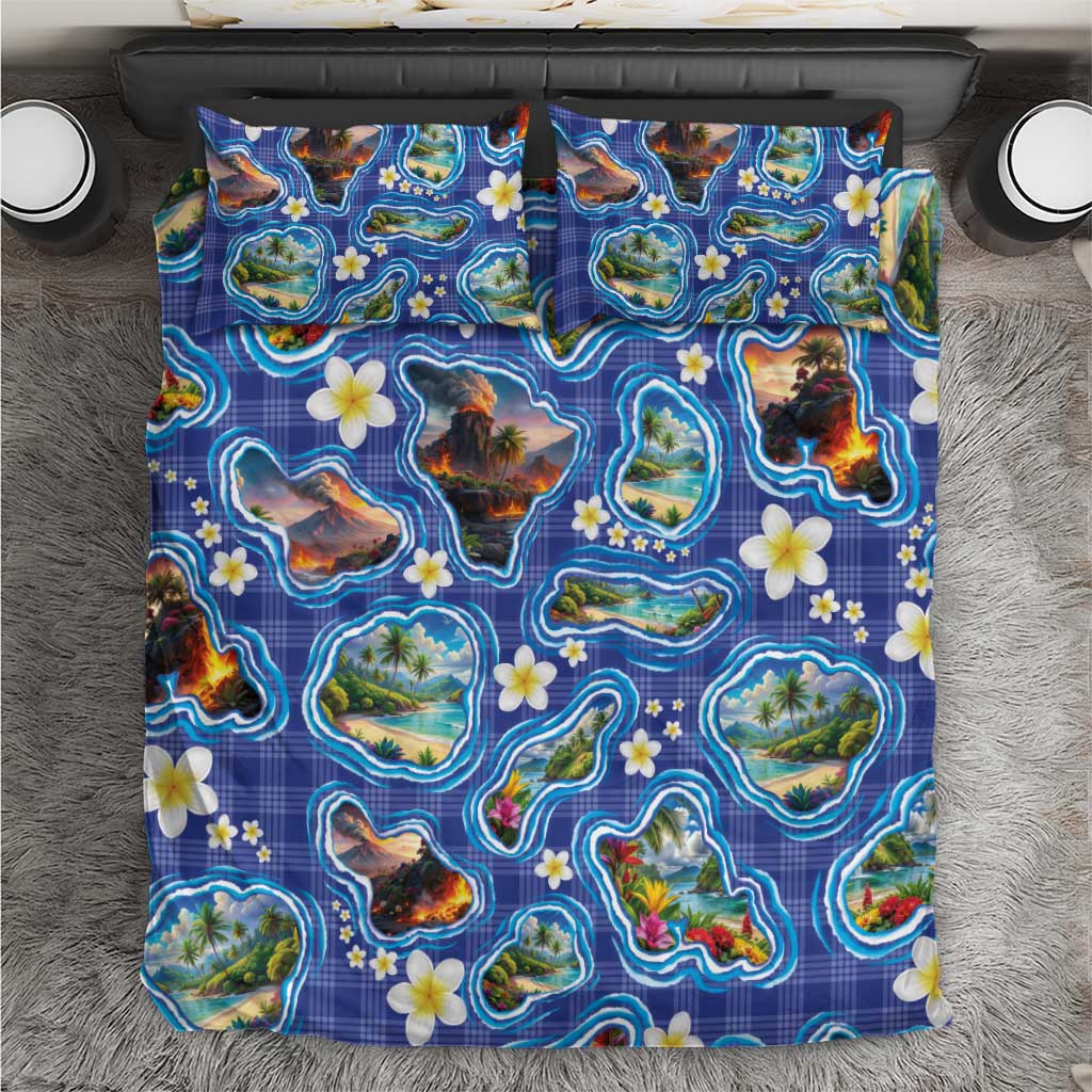 Hawaiian Island Shapes-Iconic Landscape Bedding Set with Plumeria and Palaka Blue Color LT03 Blue - Polynesian Pride