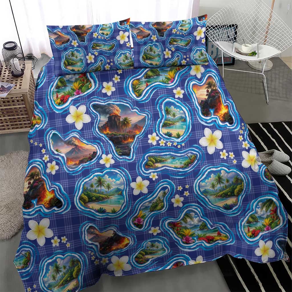Hawaiian Island Shapes-Iconic Landscape Bedding Set with Plumeria and Palaka Blue Color LT03 - Polynesian Pride