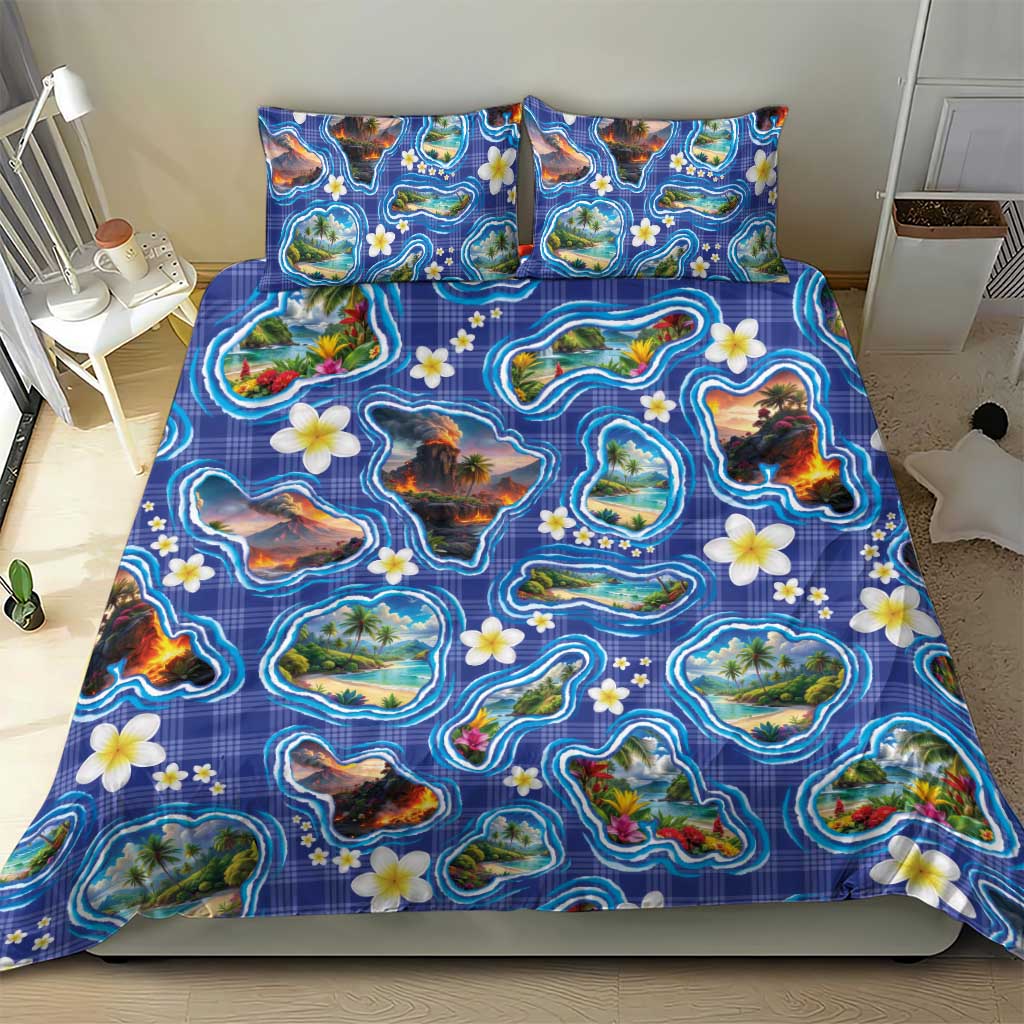 Hawaiian Island Shapes-Iconic Landscape Bedding Set with Plumeria and Palaka Blue Color LT03 - Polynesian Pride