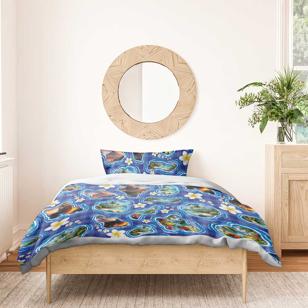 Hawaiian Island Shapes-Iconic Landscape Bedding Set with Plumeria and Palaka Blue Color LT03 - Polynesian Pride