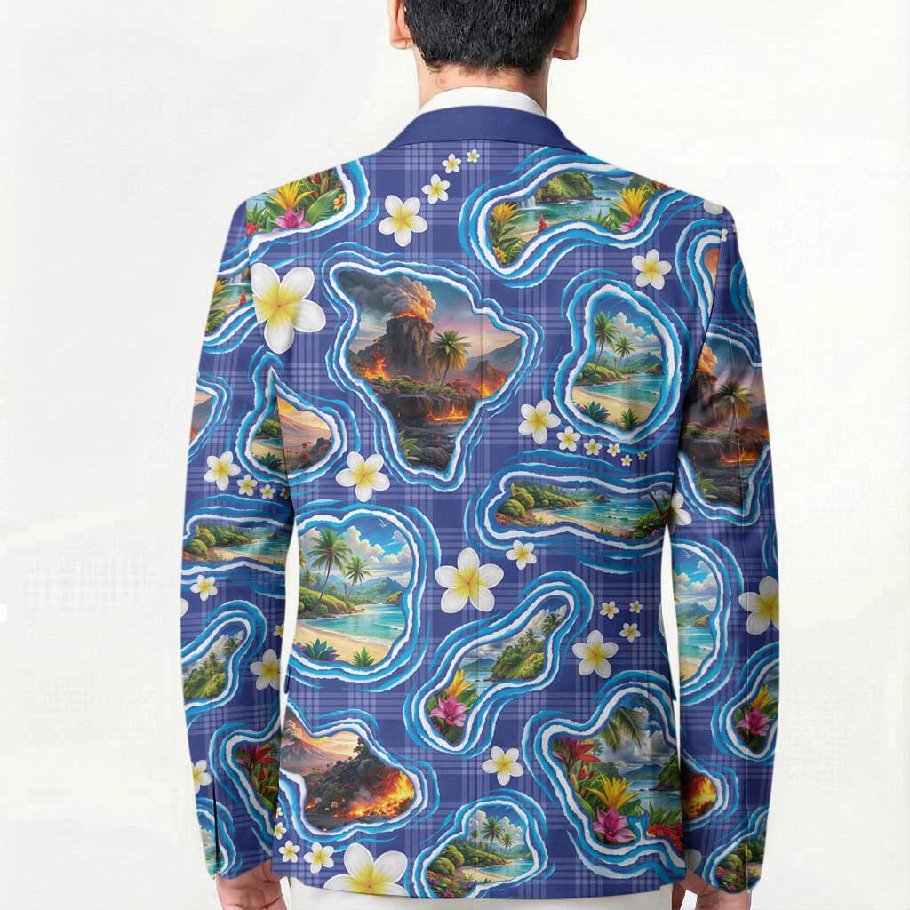 Hawaiian Island Shapes-Iconic Landscape Blazer with Plumeria and Palaka Blue Color