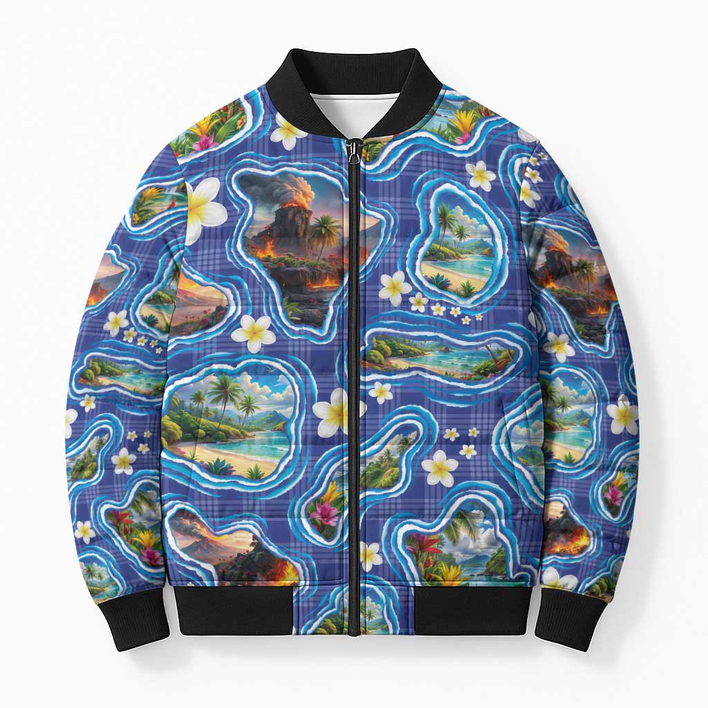 Hawaiian Island Shapes-Iconic Landscape Bomber Puffer Jacket with Plumeria and Palaka Blue Color LT03 Unisex Blue - Polynesian Pride