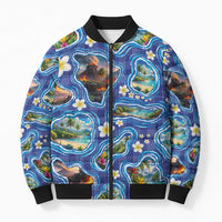 Hawaiian Island Shapes-Iconic Landscape Bomber Puffer Jacket with Plumeria and Palaka Blue Color LT03 Unisex Blue - Polynesian Pride