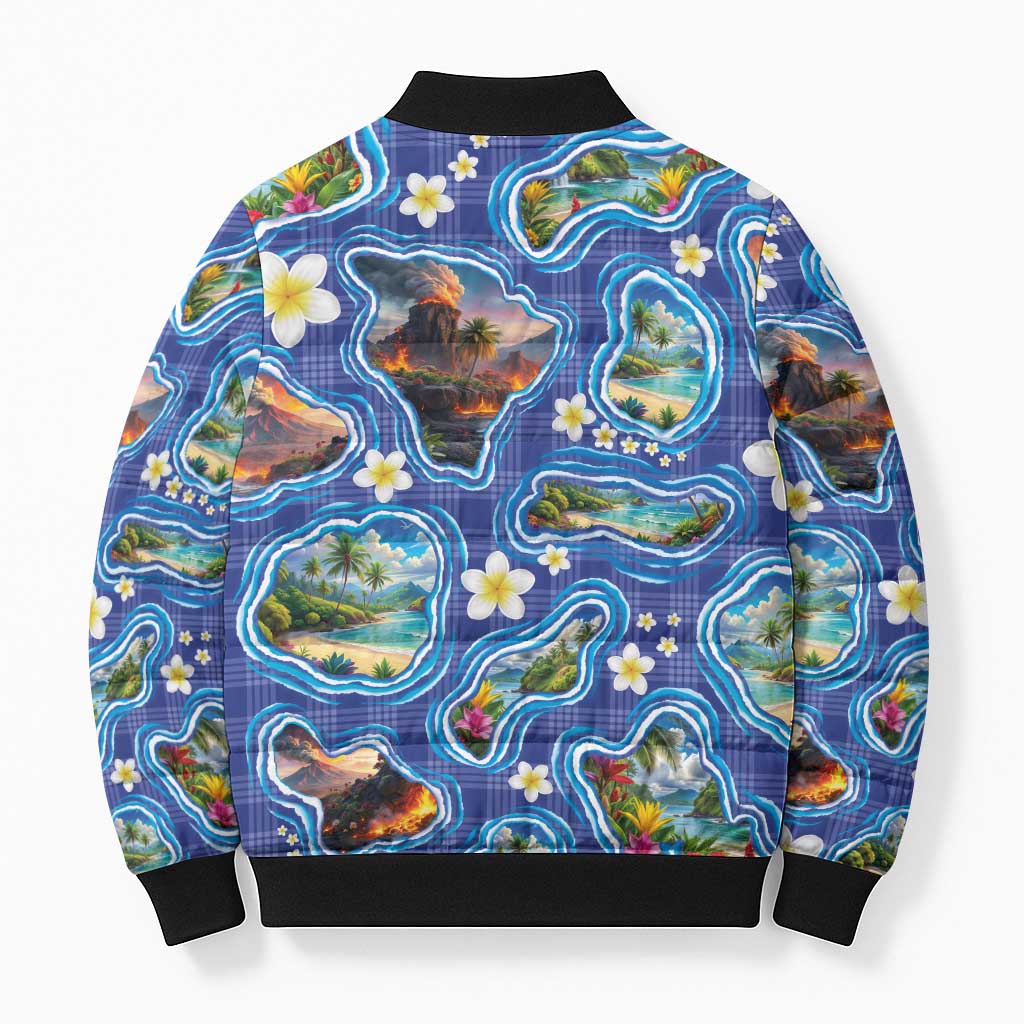 Hawaiian Island Shapes-Iconic Landscape Bomber Puffer Jacket with Plumeria and Palaka Blue Color LT03 - Polynesian Pride
