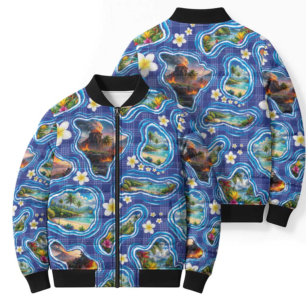 Hawaiian Island Shapes-Iconic Landscape Bomber Puffer Jacket with Plumeria and Palaka Blue Color LT03 - Polynesian Pride