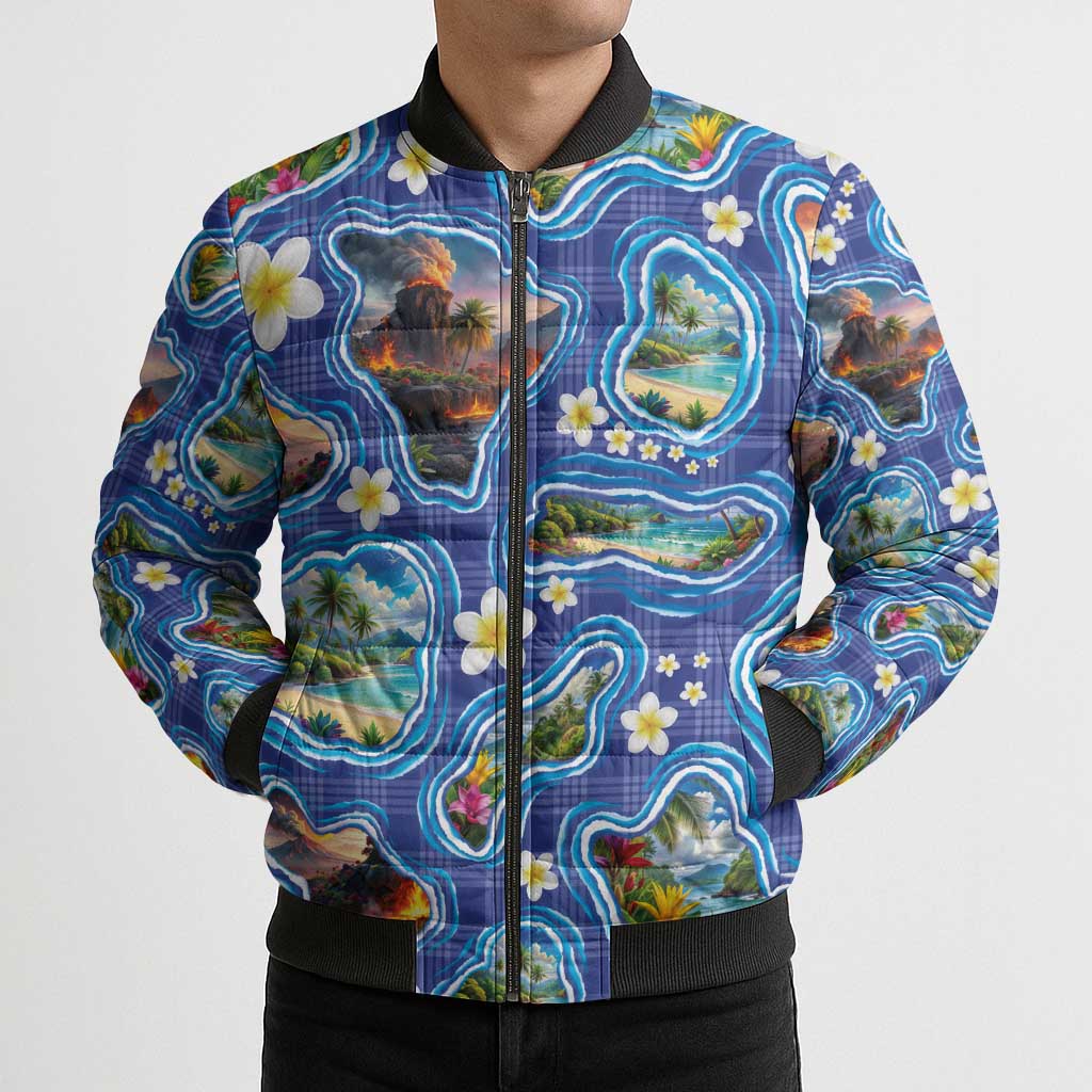 Hawaiian Island Shapes-Iconic Landscape Bomber Puffer Jacket with Plumeria and Palaka Blue Color LT03 - Polynesian Pride