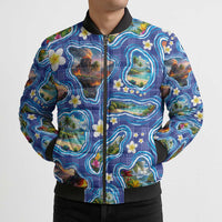Hawaiian Island Shapes-Iconic Landscape Bomber Puffer Jacket with Plumeria and Palaka Blue Color LT03 - Polynesian Pride