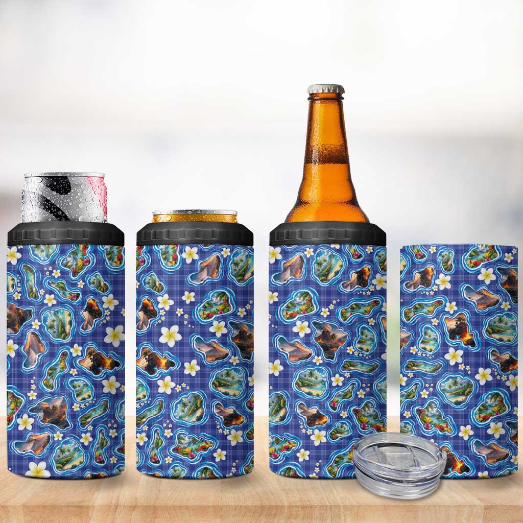 Hawaiian Island Shapes-Iconic Landscape 4 in 1 Can Cooler Tumbler with Plumeria and Palaka Blue Color