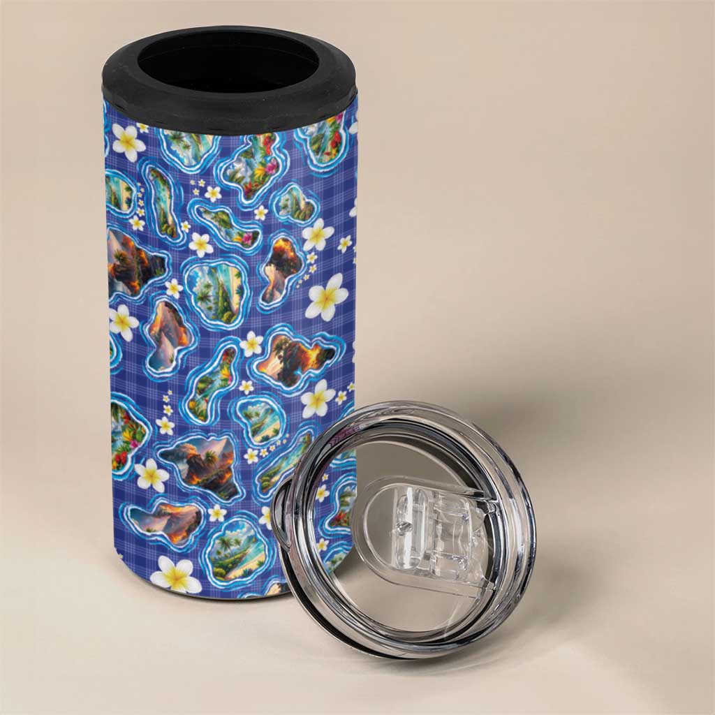 Hawaiian Island Shapes-Iconic Landscape 4 in 1 Can Cooler Tumbler with Plumeria and Palaka Blue Color