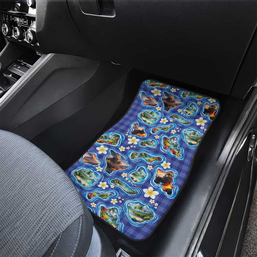 Hawaiian Island Shapes-Iconic Landscape Car Mats with Plumeria and Palaka Blue Color