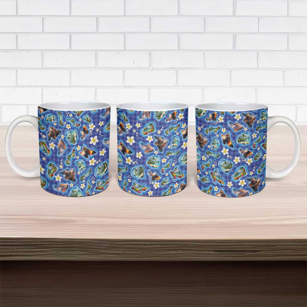 Hawaiian Island Shapes-Iconic Landscape Ceramic Mug with Plumeria and Palaka Blue Color