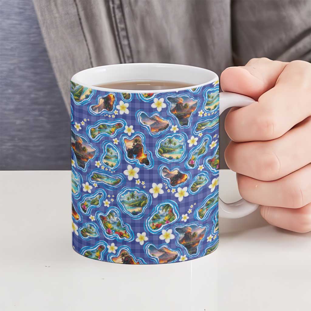 Hawaiian Island Shapes-Iconic Landscape Ceramic Mug with Plumeria and Palaka Blue Color