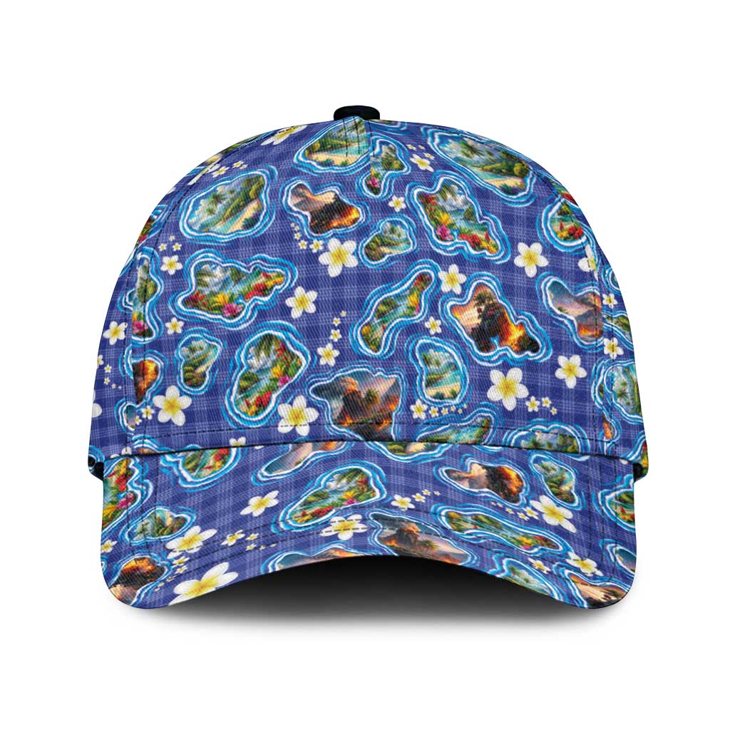 Hawaiian Island Shapes-Iconic Landscape Classic Cap with Plumeria and Palaka Blue Color LT03 Universal Fit Blue - Polynesian Pride